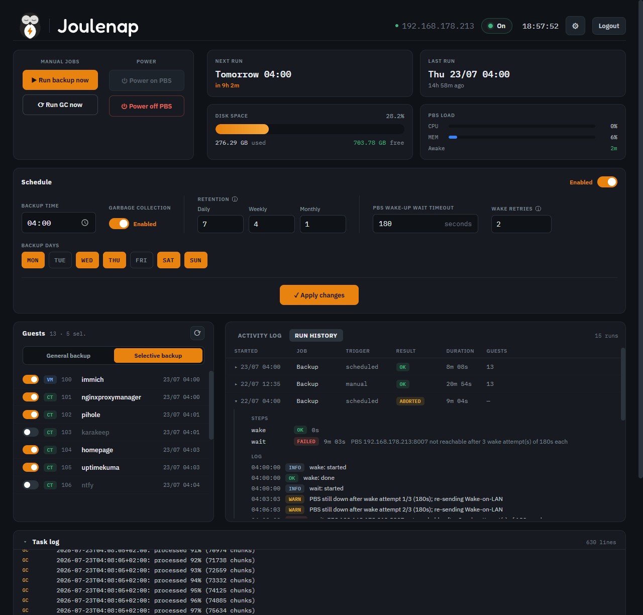 Joulenap dashboard: the scheduler, PBS power state, and last-run status
